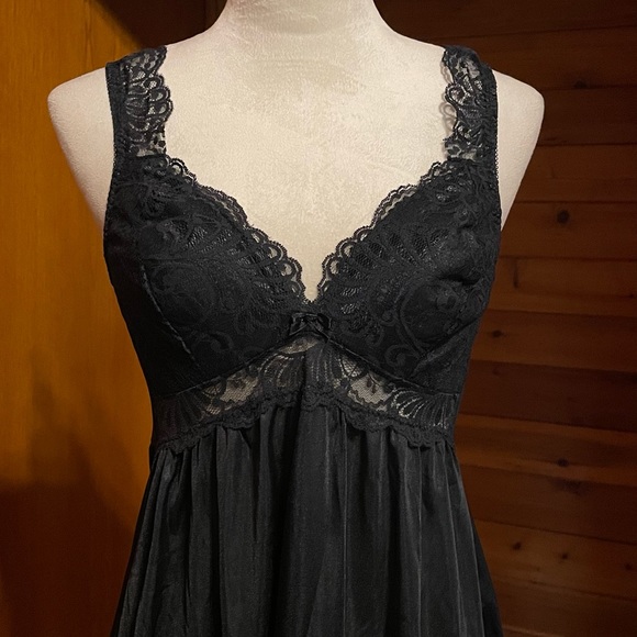 Vintage 80s Scaasi Nylon Full Length Lace Panel Slip Dress Gown Medium 36 Bust - Picture 2 of 7